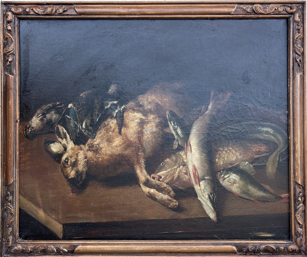 Antique Still Life Painting: Rabbit, Bird, And Game Fish—19th Century
