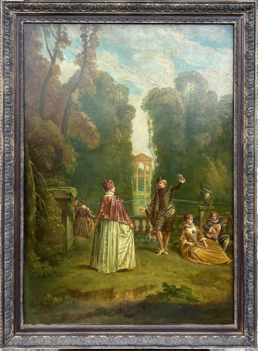   Grande scène galante antique du XIXe siècle, huile sur toile originale-photo-2