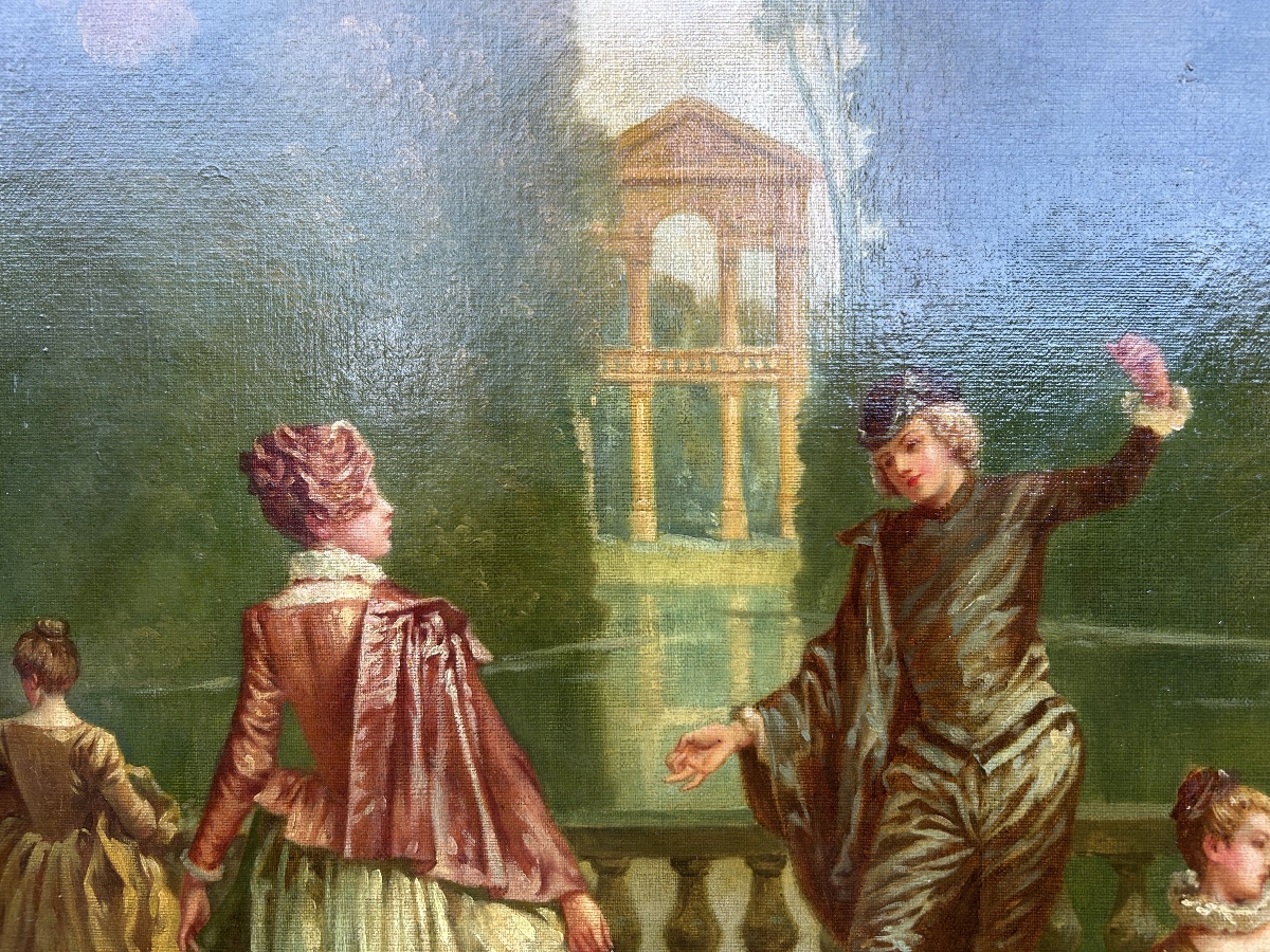   Grande scène galante antique du XIXe siècle, huile sur toile originale-photo-1