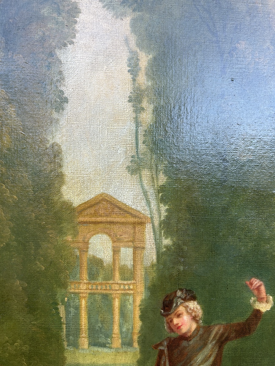   Grande scène galante antique du XIXe siècle, huile sur toile originale-photo-2