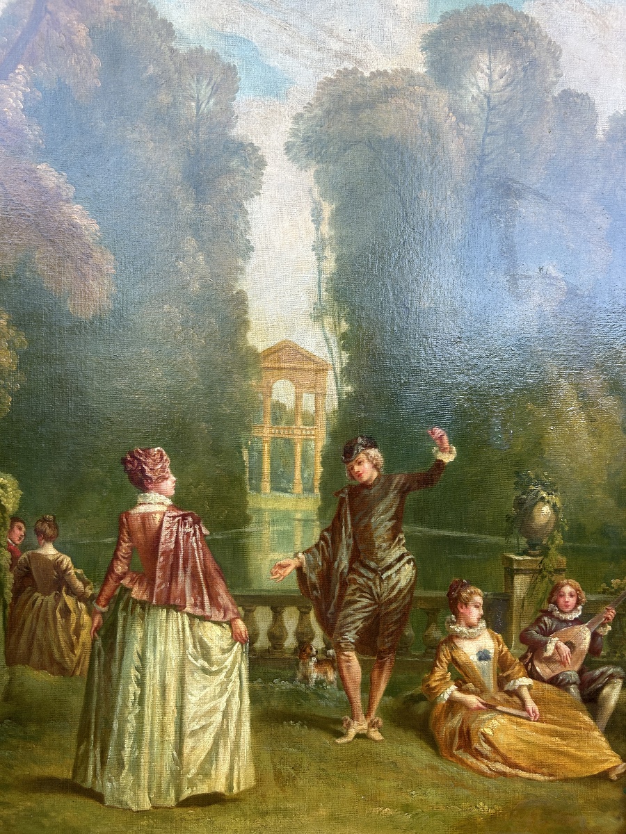   Grande scène galante antique du XIXe siècle, huile sur toile originale-photo-5