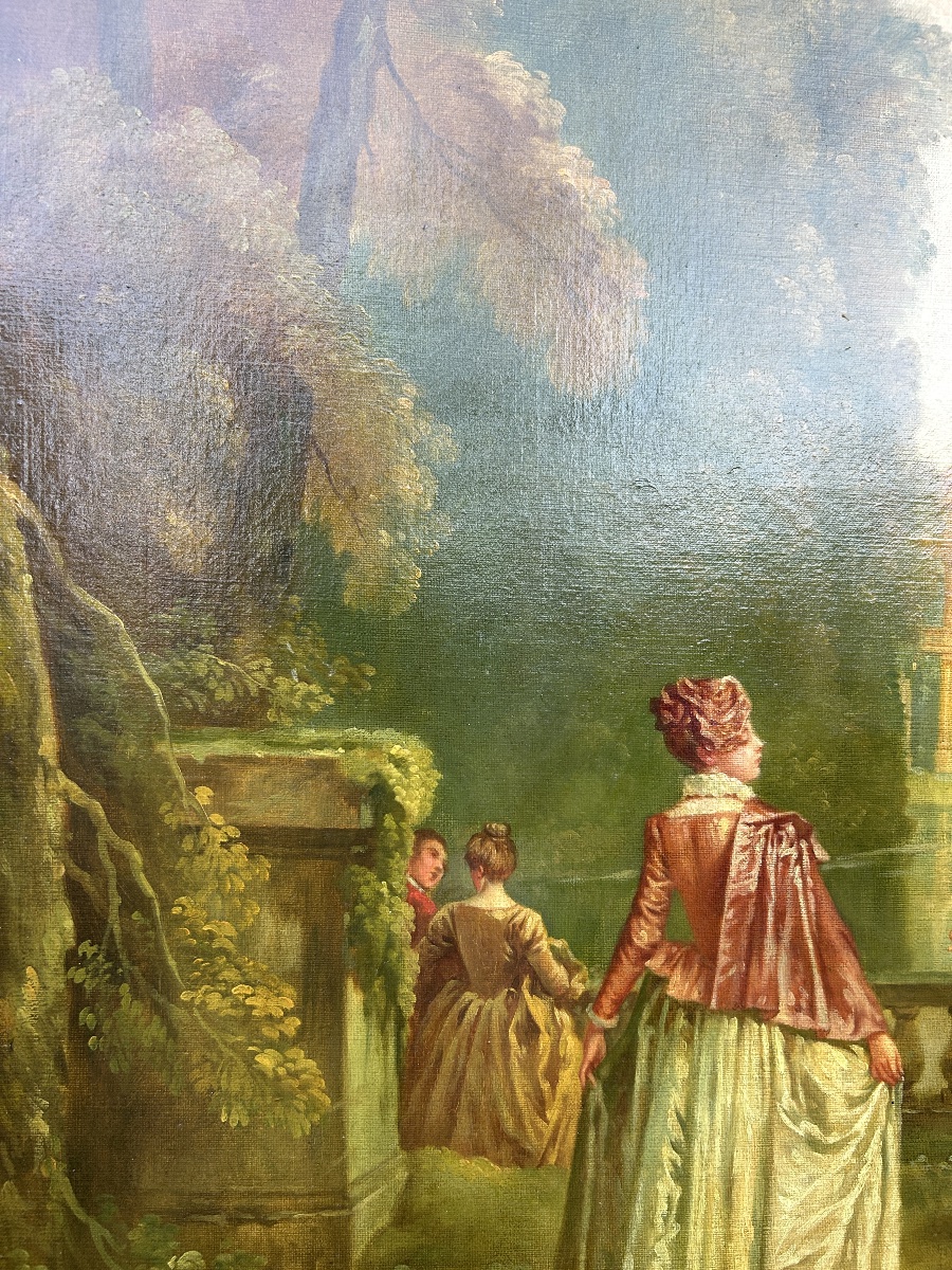   Grande scène galante antique du XIXe siècle, huile sur toile originale-photo-6