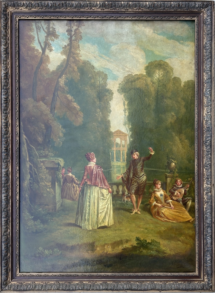   Grande scène galante antique du XIXe siècle, huile sur toile originale-photo-7