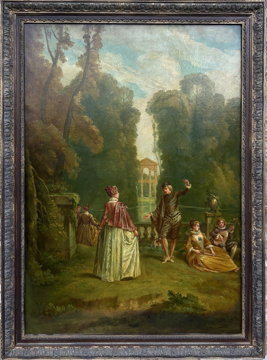   Grande scène galante antique du XIXe siècle, huile sur toile originale