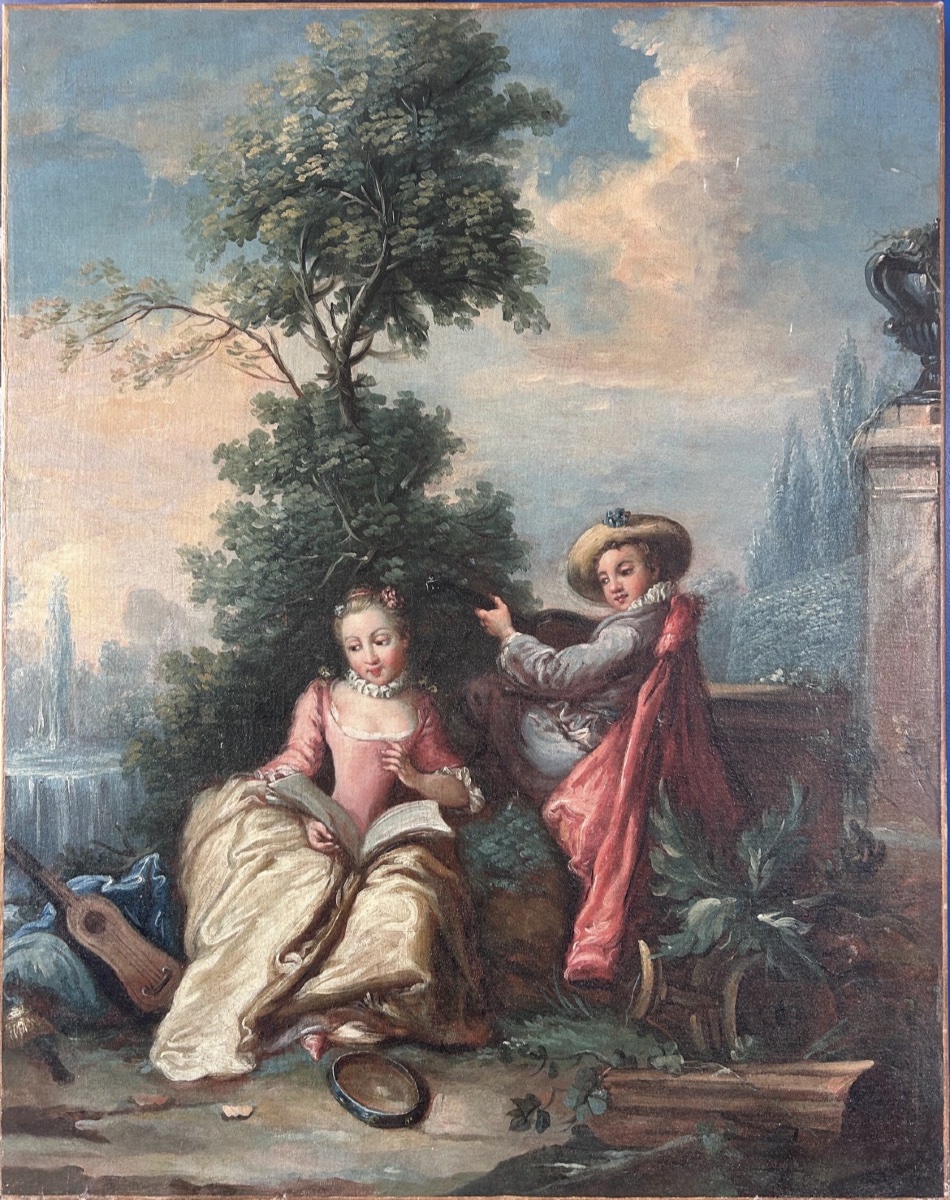  Scène galante, XVIIIe siècle — grande toile originale à l’huile-photo-4