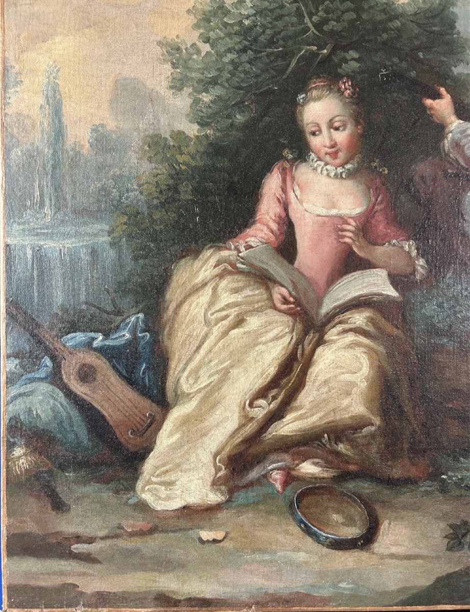  Scène galante, XVIIIe siècle — grande toile originale à l’huile-photo-6