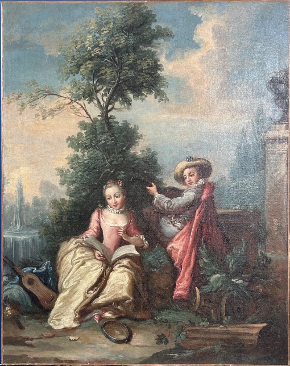  Scène galante, XVIIIe siècle — grande toile originale à l’huile-photo-7
