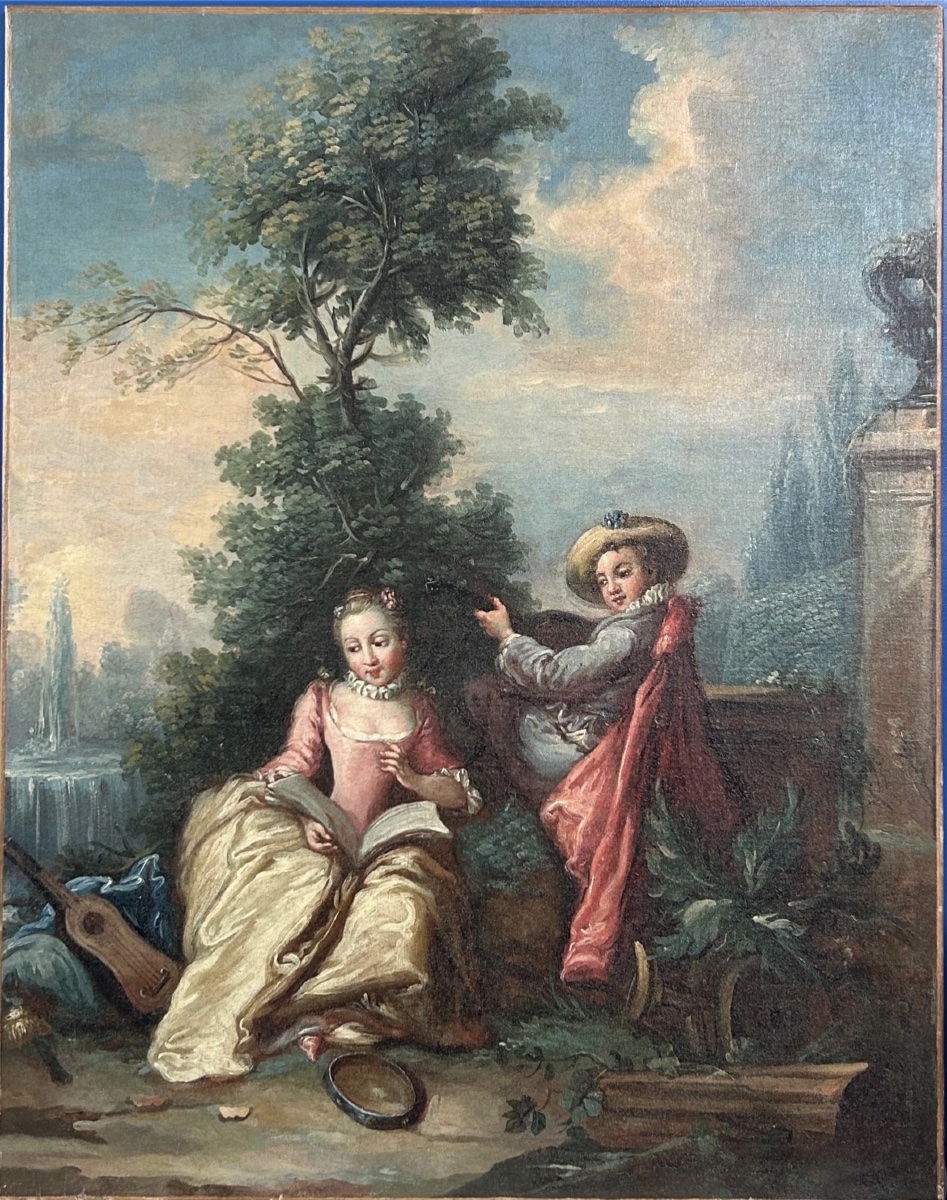 Scène galante, XVIIIe siècle — grande toile originale à l’huile