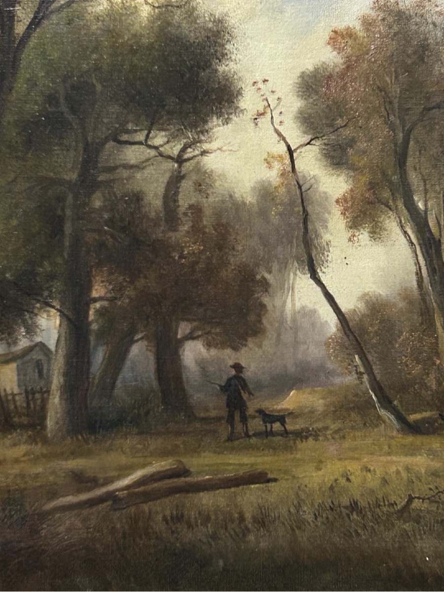 Tableau ancien à l'huile sur toile, « Paysage forestier avec un chasseur », XIXe siècle, encadr-photo-2