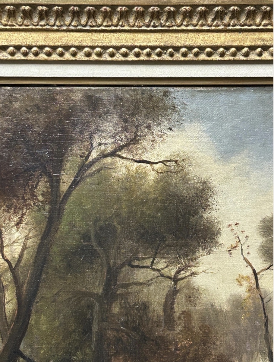 Tableau ancien à l'huile sur toile, « Paysage forestier avec un chasseur », XIXe siècle, encadr-photo-3