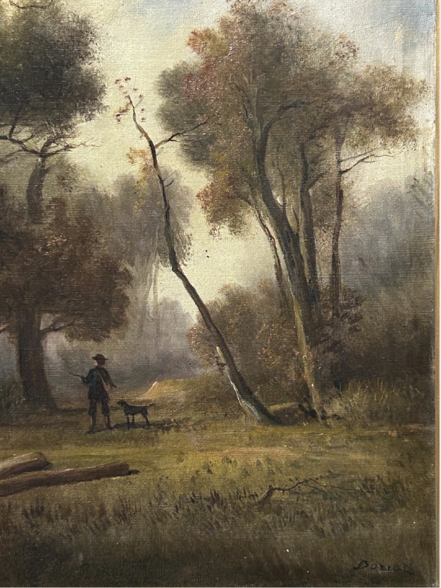 Tableau ancien à l'huile sur toile, « Paysage forestier avec un chasseur », XIXe siècle, encadr-photo-4