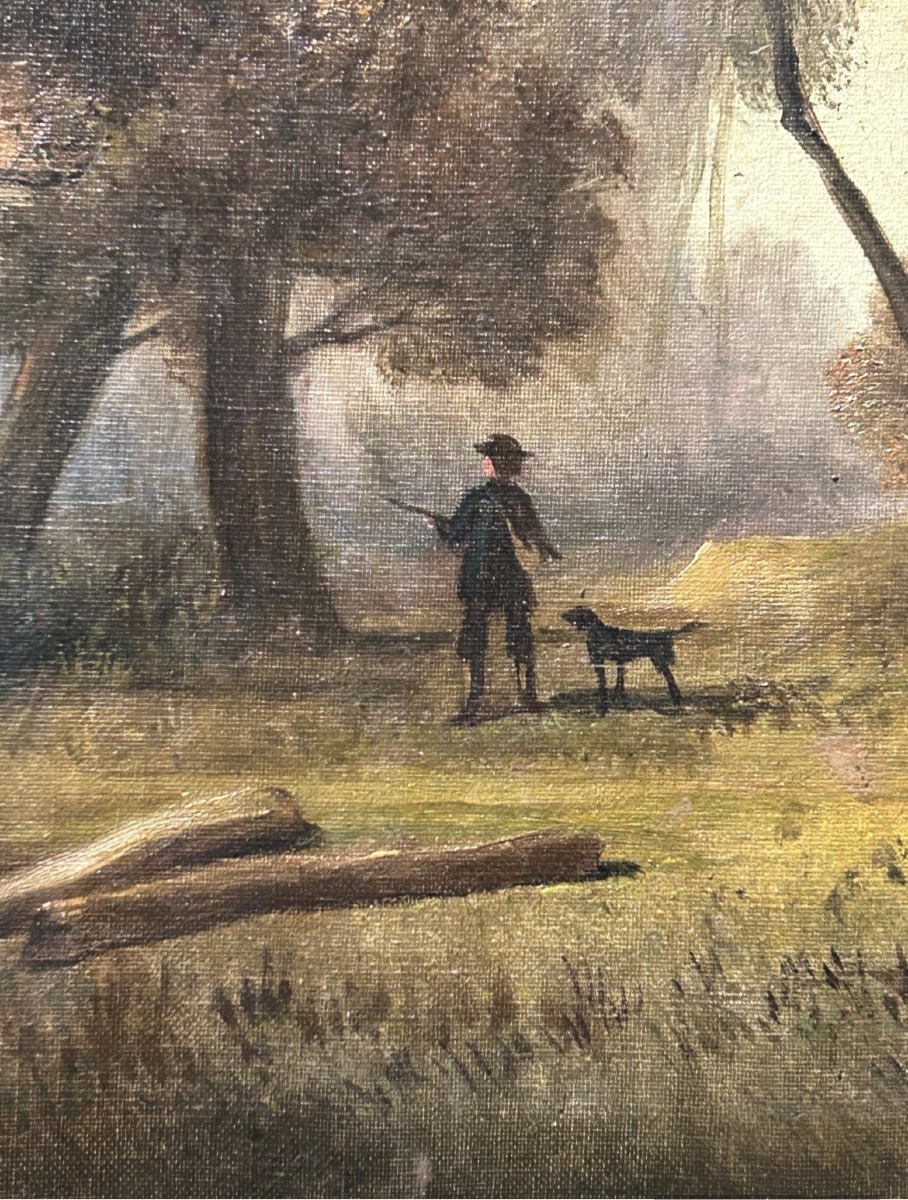Tableau ancien à l'huile sur toile, « Paysage forestier avec un chasseur », XIXe siècle, encadr-photo-6