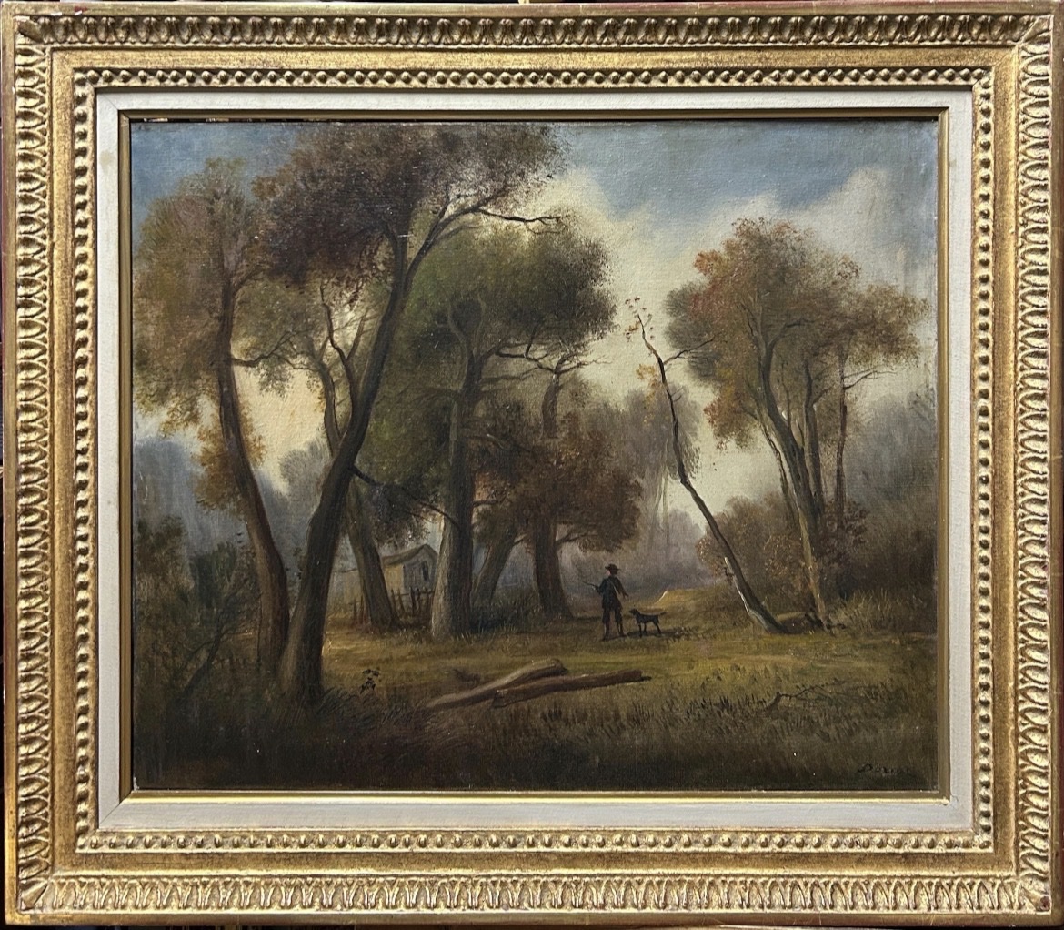 Tableau ancien à l'huile sur toile, « Paysage forestier avec un chasseur », XIXe siècle, encadr