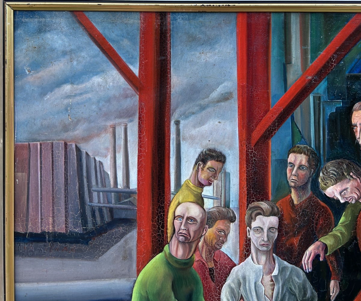 Peinture originale vintage de travailleurs industriels, scène d’usine du milieu du XXe siècle-photo-2