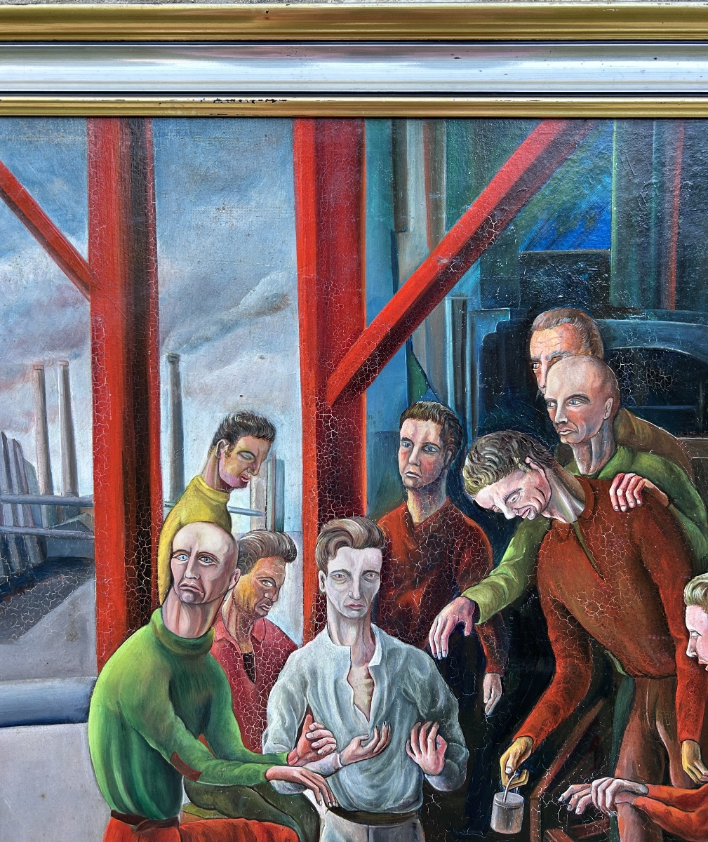 Peinture originale vintage de travailleurs industriels, scène d’usine du milieu du XXe siècle-photo-3