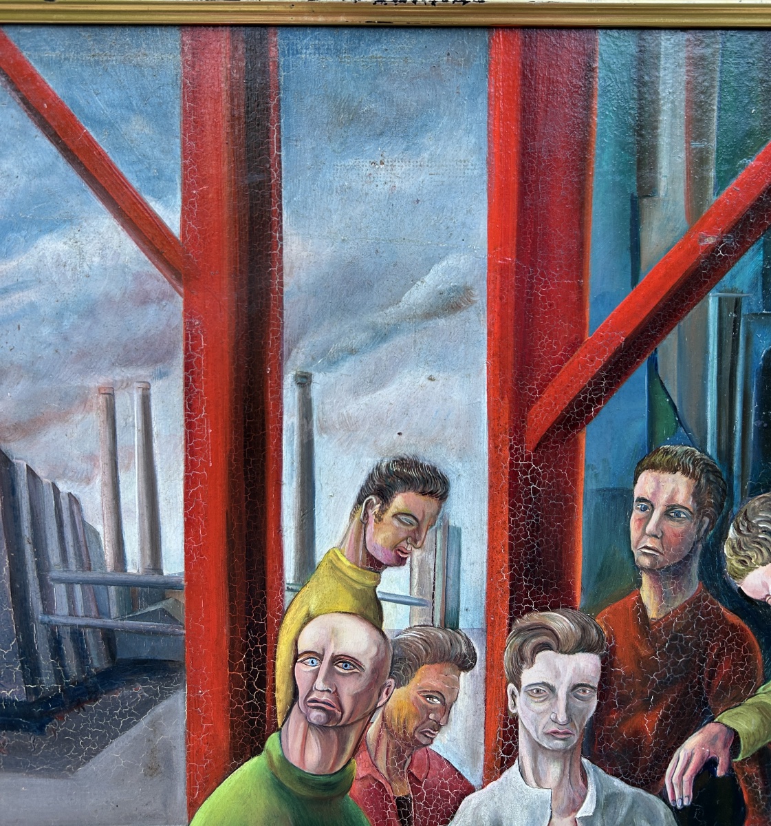 Peinture originale vintage de travailleurs industriels, scène d’usine du milieu du XXe siècle-photo-4