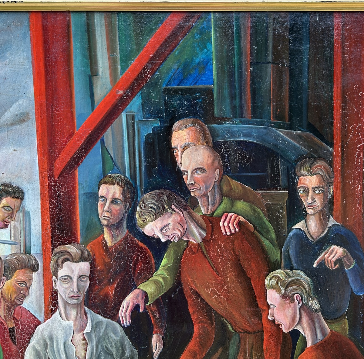 Peinture originale vintage de travailleurs industriels, scène d’usine du milieu du XXe siècle-photo-1