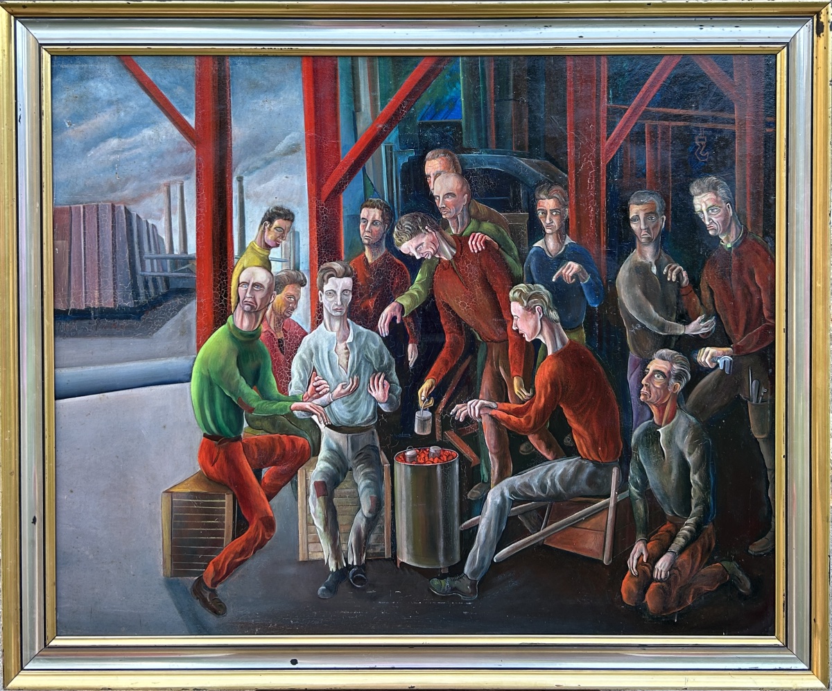 Peinture originale vintage de travailleurs industriels, scène d’usine du milieu du XXe siècle