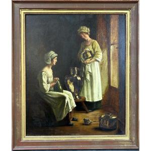 ” French Albert Sorkau – « La Confidence », scène d’intérieur Interior Women Copper Pots