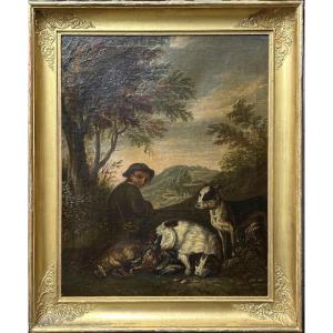 Tableau Ancien XVIIIe Siècle – Scène de Chasse : Chasseur avec Chiens et Gibier – Huile sur Toi