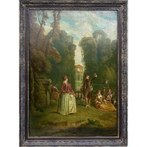 Large 19th-century Painting Depicting A Romantic Scene From Antiquity, Original Oil On Canvas