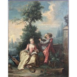  Scène galante, XVIIIe siècle — grande toile originale à l’huile
