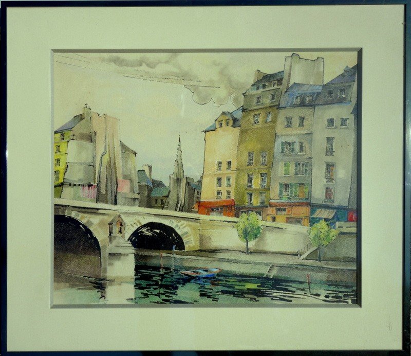 "paris" Watercolor By Pierre Jean Letaudy Around 1950