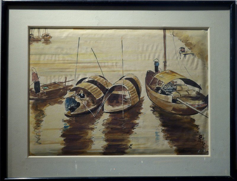 "BATEAUX VIETNAMIENS"  Signé et Tampon, INDOCHINE vers 1950