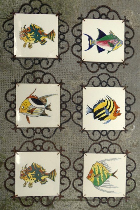 Lot de 6 carreaux "POISSONS EXOTIQUES" .....GIEN vers 1960