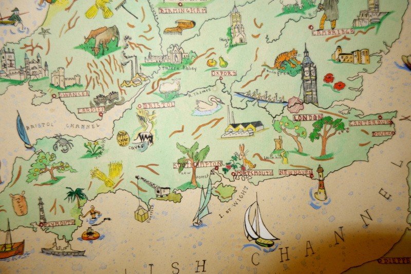 "united Kingdom" Original Map, Ink And Watercolour...1955-photo-2