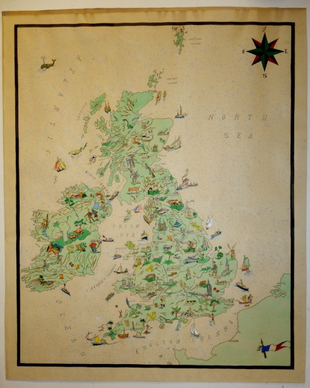 "united Kingdom" Original Map, Ink And Watercolour...1955