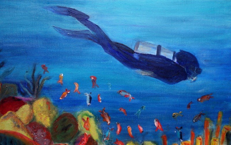 "the Underwater Diver"...unsigned Painting Circa 1980/90-photo-2