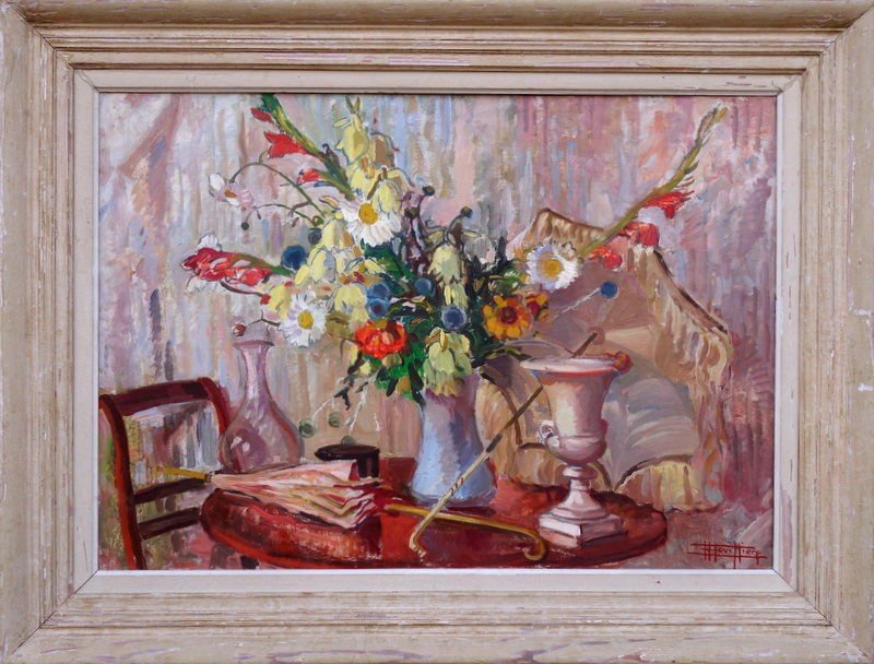 "flowers, Umbrelles, Medicis Vase" By Edouard Bouilliere Circa 1930