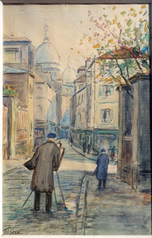 "painter In Montmartre" Watercolor By Mario (?) Around 1950/60-photo-3