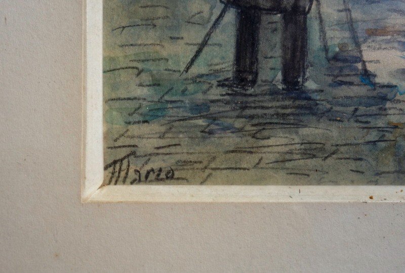 "painter In Montmartre" Watercolor By Mario (?) Around 1950/60-photo-1