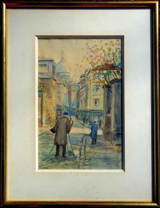 "painter In Montmartre" Watercolor By Mario (?) Around 1950/60