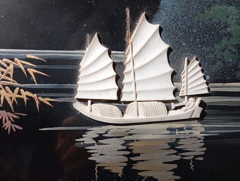 "junk On The Mekong" Lacquer By Le Thy Circa 1950-photo-1