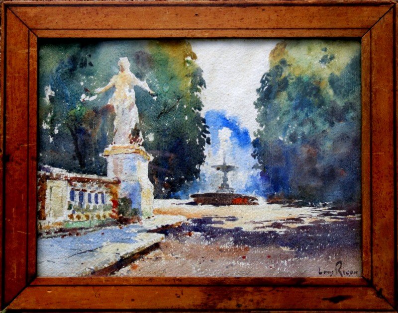 "fountaine And Statue In The Park" Watercolor By Louis Ricon ..1900/20