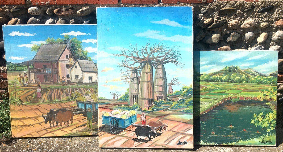Lot de 3 "TABLEAUX  MALGACHES" par  IBONIA (?)...MADAGASC'ART
