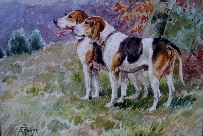 "tied Hunting Dogs" Watercolor By Frederic Rotig ..1896-photo-2
