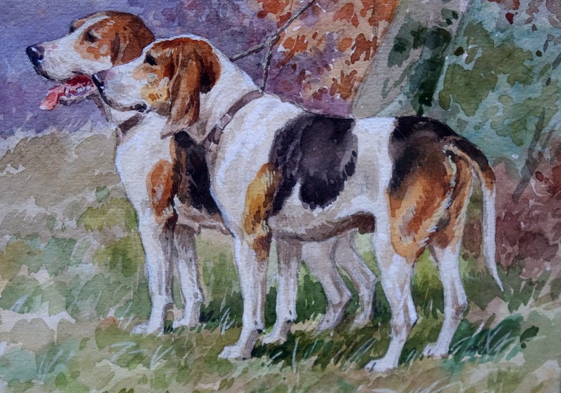 "tied Hunting Dogs" Watercolor By Frederic Rotig ..1896-photo-3