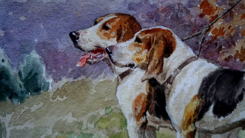 "tied Hunting Dogs" Watercolor By Frederic Rotig ..1896-photo-4