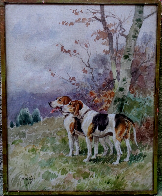 "tied Hunting Dogs" Watercolor By Frederic Rotig ..1896