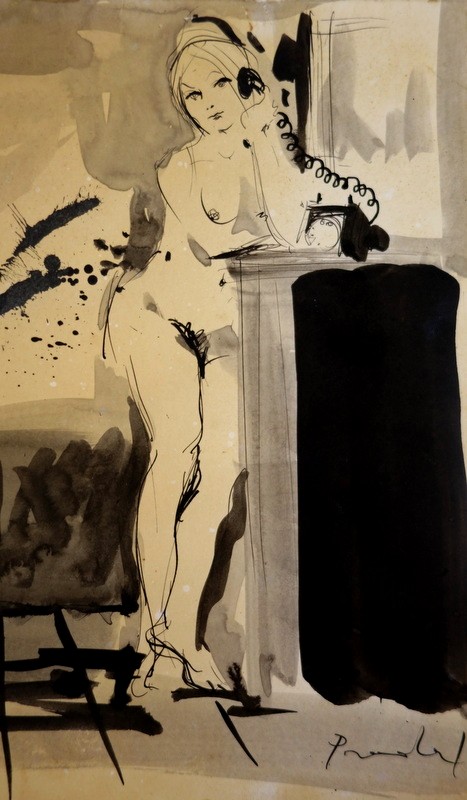 "AUTOPORTRAIT EROTIQUE " Encre de Carlos PRADAL vers 1960/70-photo-2