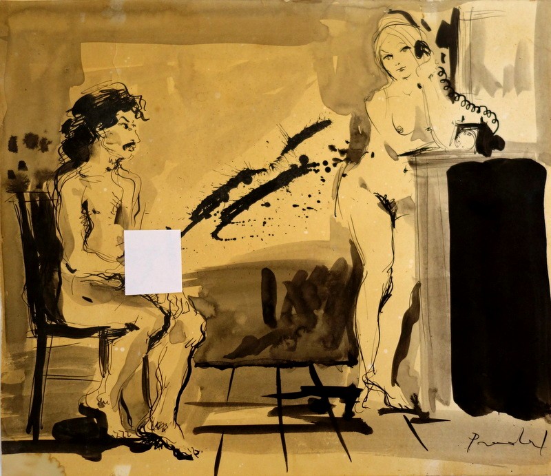 "AUTOPORTRAIT EROTIQUE " Encre de Carlos PRADAL vers 1960/70