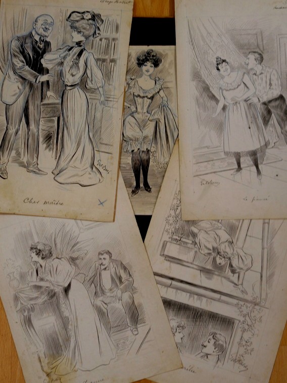 Lot de 5 "DESSINS HUMORISTIQUES" par GIL BAER vers 1910