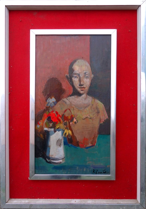 "NATURE MORTE au BUSTE en BOIS"  Signature Non Déchiffrée vers 1960
