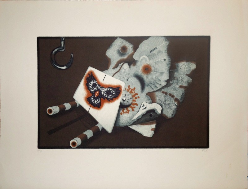 "Le PAPILLON SPHINX" Aquatinte Couleur d'Heinrich HEUER vers 1970-photo-2