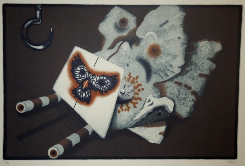 "Le PAPILLON SPHINX" Aquatinte Couleur d'Heinrich HEUER vers 1970