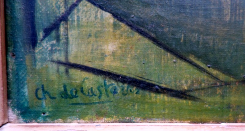 "pyrenean Village" Cubist Painting By Ch. De Casteras Circa 1950-photo-1